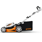 side view STIHL RMA 348 Battery Lawn Mower is a quiet, capable mower for medium-sized lawns, built for gardeners and landscapers who need efficient mowing with low maintenance and flexible cutting options. Available at Cannings.