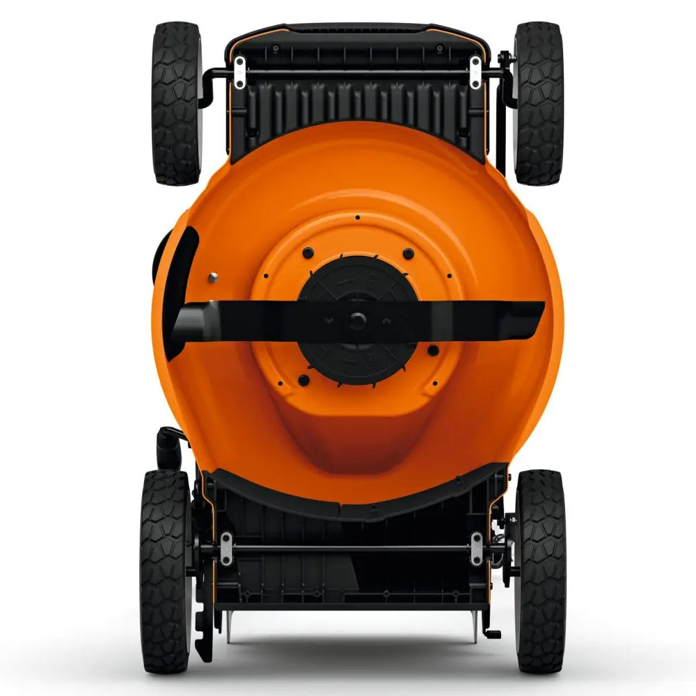 blade and underneath view of STIHL RMA 348 Battery Lawn Mower is a quiet, capable mower for medium-sized lawns, built for gardeners and landscapers who need efficient mowing with low maintenance and flexible cutting options. Available at Cannings.