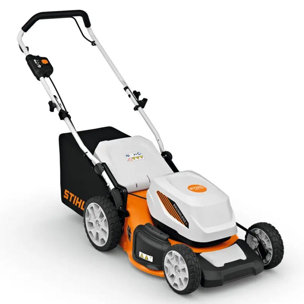angle view of STIHL RMA 348 Battery Lawn Mower is a quiet, capable mower for medium-sized lawns, built for gardeners and landscapers who need efficient mowing with low maintenance and flexible cutting options. Available at Cannings.