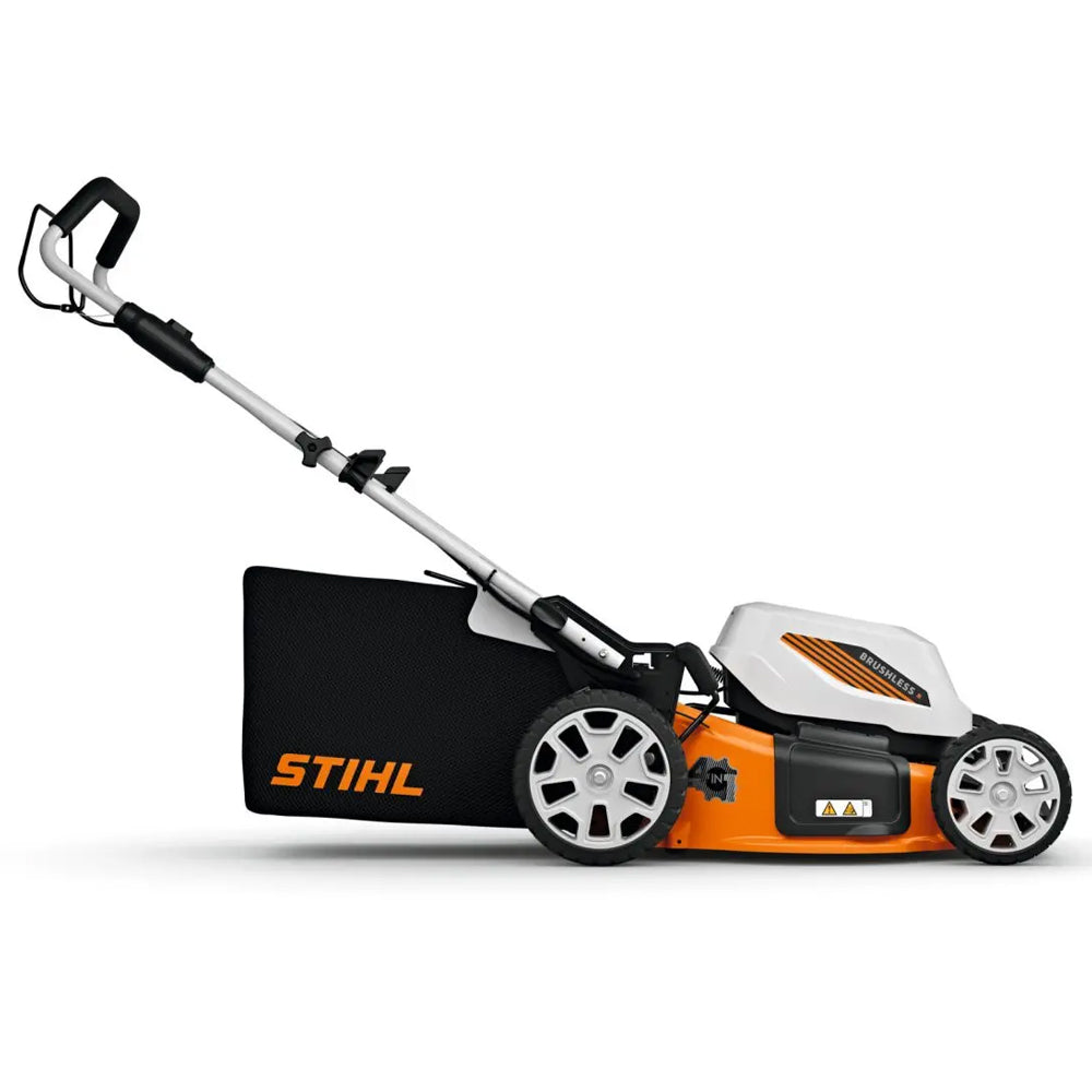 side view of the STIHL RMA 348 Battery Lawn Mower is a quiet, capable mower for medium-sized lawns, built for gardeners and landscapers who need efficient mowing with low maintenance and flexible cutting options. Available at Cannings.