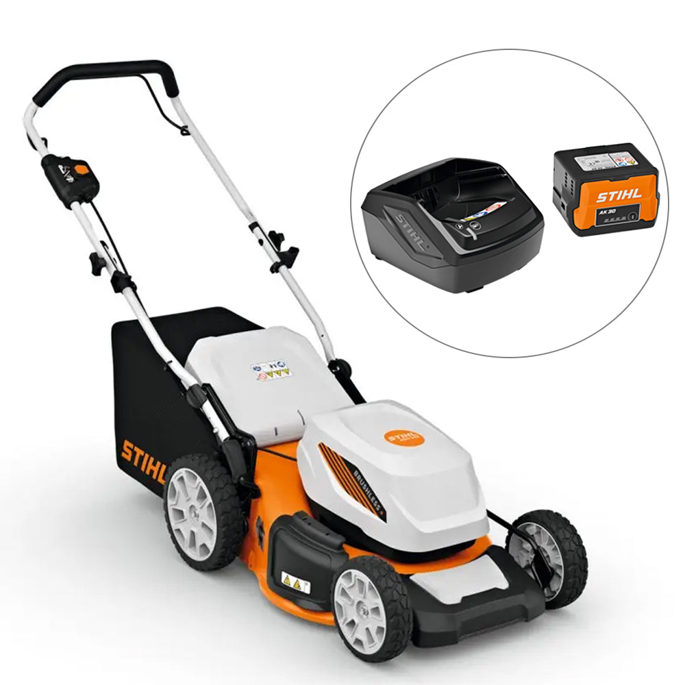 The STIHL RMA 348 Battery Lawn Mower is a quiet, capable mower for medium-sized lawns, built for gardeners and landscapers who need efficient mowing with low maintenance and flexible cutting options. Available at Cannings. Complete kit with battery and charger