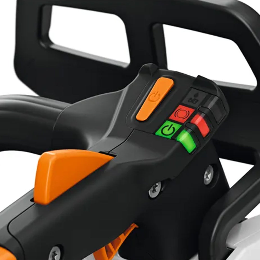 Control buttons of the STIHL MSA 220 T Battery Chainsaw is a high-performance top-handle saw for professional arborists and tree maintenance work. Available at Cannings.