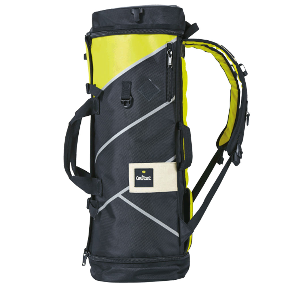 Gear bag that opens fully flat so you can see every bit of kit at once. Adjustable mesh compartments, padded back and straps. 54L in four colours, or 75L. Flash lemon -side