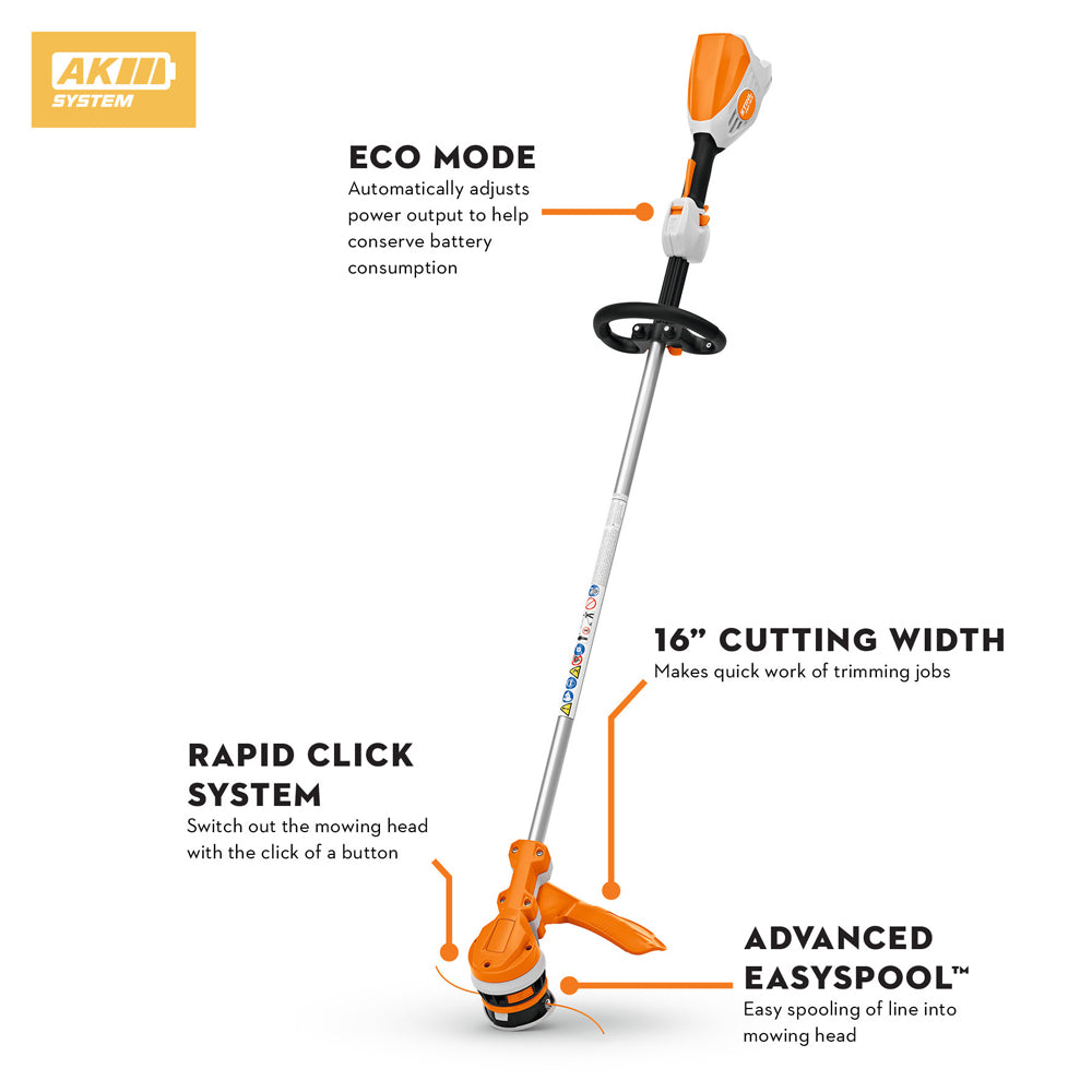 highlight features of STIHL FSA 70 R Battery Grass Trimmer AK System Kit A versatile battery grass trimmer kit with battery and charger for trimming, mowing and clean-up work. available at Cannings Melbourne Victoria 