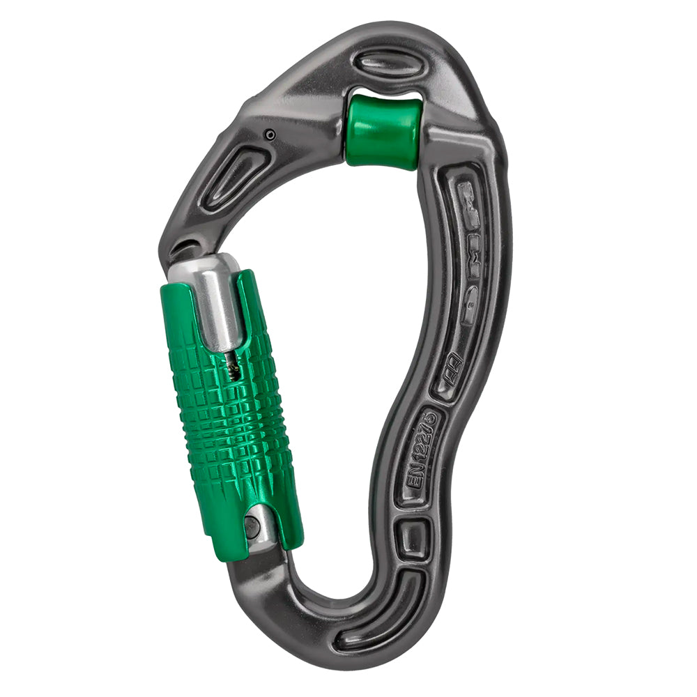 DMM Alloy karabiner with a built-in pulley wheel and triple-action Locksafe gate. Cuts rope drag at redirects and makes light work of hauling saws.