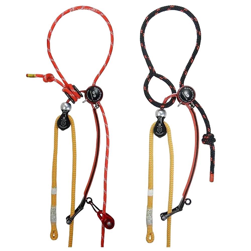 Two climbing rope ascenders shown side by side on a plain white background. The left ascender is red and black with yellow rope sections, and the right ascender is black and red with yellow rope sections.  Art Rope Guide Twin Line available at Cannings
