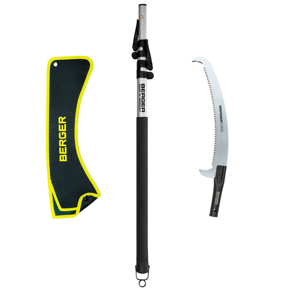 Professional-grade BERGER ArboRapid telescopic pole saw set. German-made, high-strength aluminium, extendable 2.7m–6.2m with 15.7” saw. Trusted by arborists and tree climbers. Available at Cannings nationwide. 