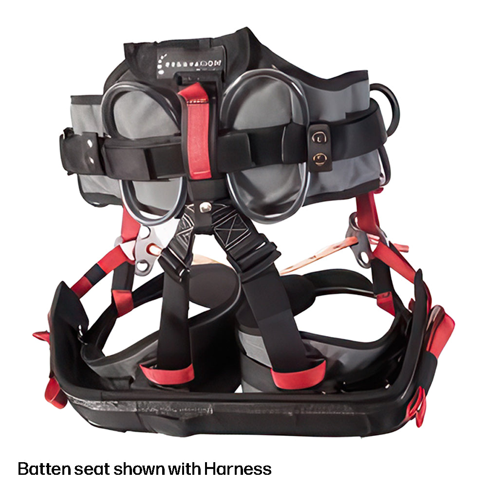A red and gray climbing harness with metal D-rings and a padded batten seat, shown against a white background with the text 'Batten seat shown with Harness' at the bottom.