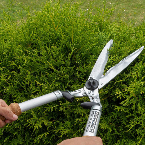 Now in Australia through Cannings: Berger German-made hedge shears with cork handles. 61cm long with 24cm wavy forged blades, shock absorbers, and sap grooves for clean, precise trimming.