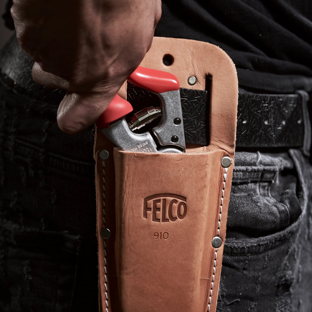 Genuine leather Felco holster with belt loop and clip. Keeps your secateurs on hand, out of the weather and off the ground.