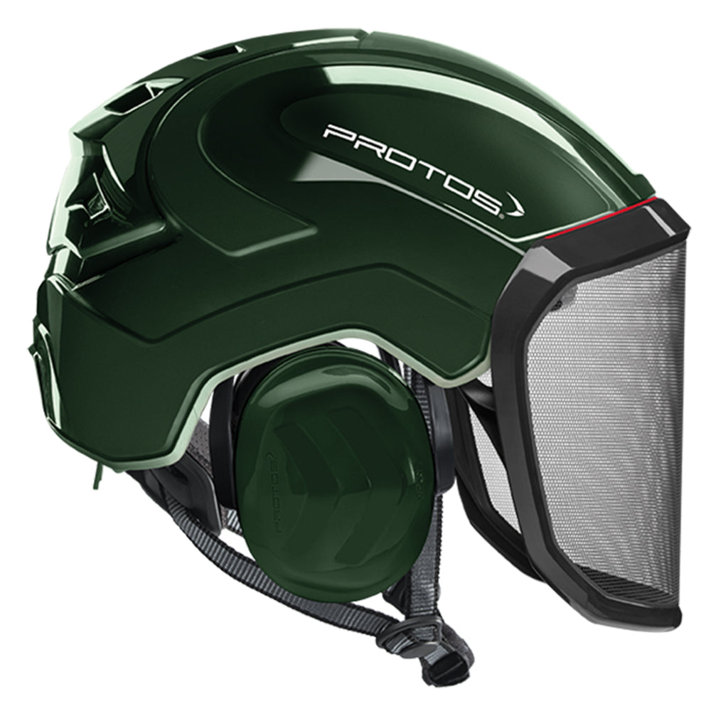 The PROTOS Integral Arborist Helmet combines integrated hearing, face, and head protection in a single professional climbing helmet. Available from Cannings, specialists in arborist, landscaping and gardening equipment. Olive