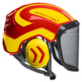 The PROTOS Integral Arborist Helmet combines integrated hearing, face, and head protection in a single professional climbing helmet. Available from Cannings, specialists in arborist, landscaping and gardening equipment. Red-Yellow