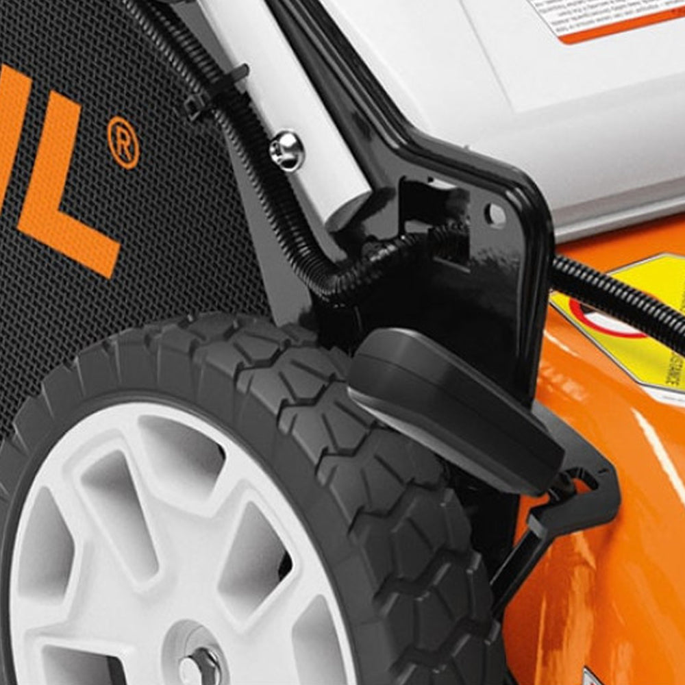 close up of STIHL RMA 510 Battery Lawn Mower AP System available at Cannings. A quiet, high-performance battery mower for medium to large lawns and professional outdoor maintenance.