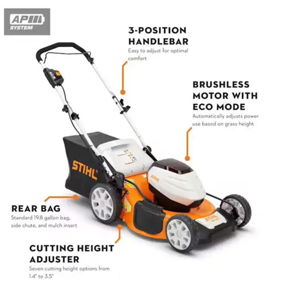 features of STIHL RMA 510 Battery Lawn Mower AP System available at Cannings. A quiet, high-performance battery mower for medium to large lawns and professional outdoor maintenance.